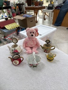Tea Pots Hinged Trinket Boxes With Beanie Babie And Cardinal Basket
