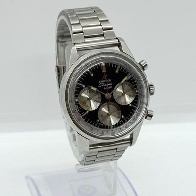 Vintage Enicar Sherpa Graph Valjoux 72 Chronograph Black Dial Steel Men's 40mm