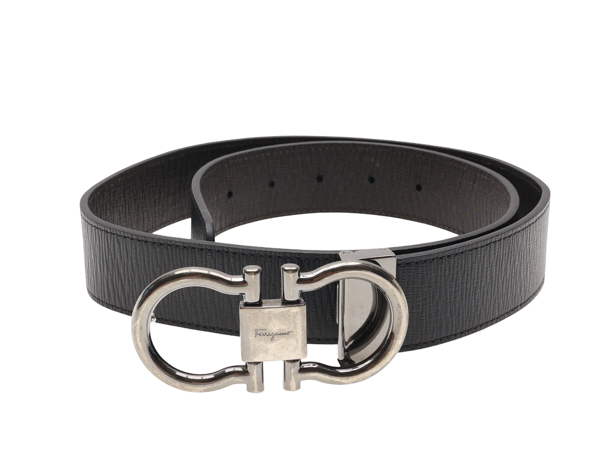 Salvatore Ferragamo シルバー メタル レザー バングル Salvatore Ferragamo L110504 Men's Revival Textured Reversible Belt