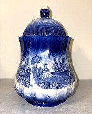 Vintage Romantic Ironstone Staffordshire England Flow Blue Biscuit Jar with Lid