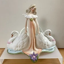 Antique Schafer & Vater Lady Maiden & Swans Porcelain Vase 1910s Art Nouveau