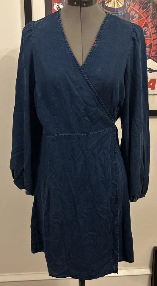 Old Navy Womens Blue Long Puff Sleeve Mini Wrap Around Tie Dress Sz L Chambray - Image 3 of 4