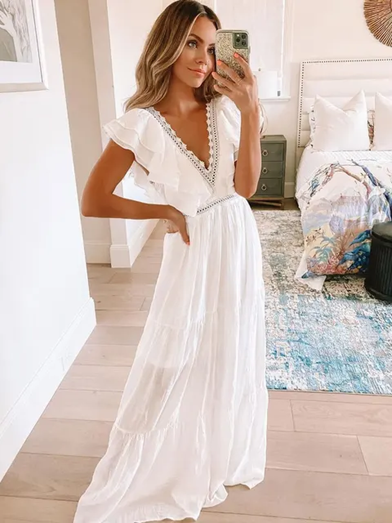 V-Neck Butterfly Sleeve High Waist Mid-Length Maxi Dress Casual Summer Wear  NEW | eBay