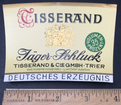 Vintage Tisserand Jager Schluck 35% Liquor Bottle Label 2.75x4 Germany