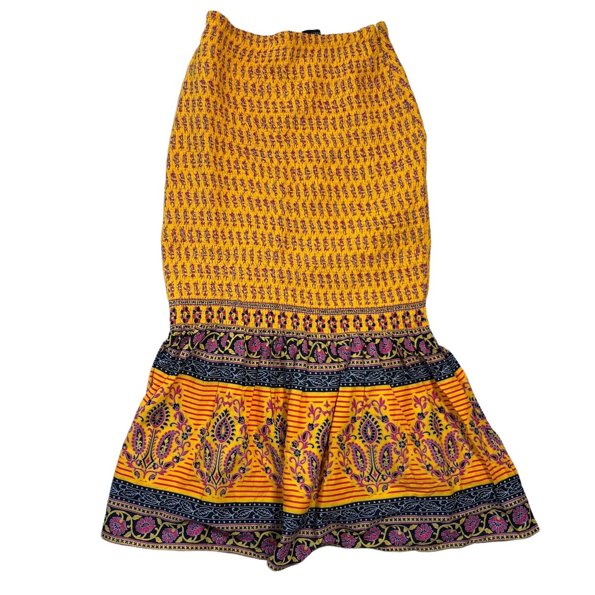 Crew Smocked Midi Skirt Size Sunny Block Print Yellow Mermaid Skirt