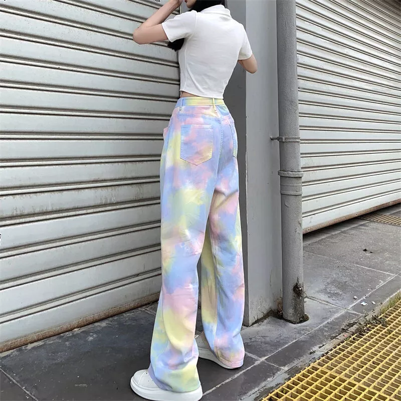 Girls Jeans 2024 Spring New Paste Cloth Tie Dye Design Wide Leg Pants Kids  Trendy Teenage Children's Trousers 8 10 14 Years