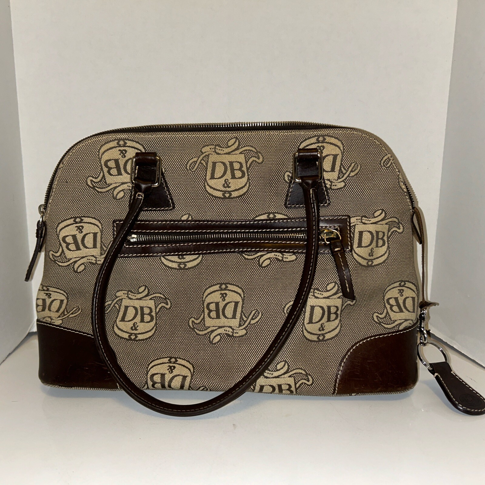 Dooney And Bourke Brown Signature Canvas Satchel with Leather Trim Key Chain