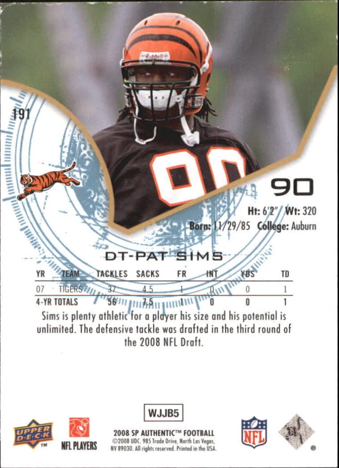 A9670- 2008 SP Authentic #191 Pat Sims RC /999 SAMPLE - Image 2 of 2
