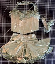 Vtg 50s Girls Sequined Green Satin Dance Costume Dancewear w/ Matching Headpiece