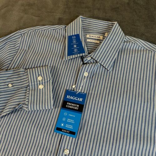 Haggar Premium Comfort Dress Shirt Slim Fit Blue White Striped Men 16-16.5 32/33