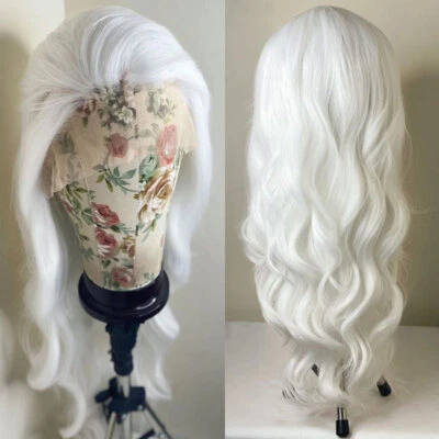 Lace Front Perücke für Damen Hitzebeständiges Haar Reinweiß Gewellt Länge