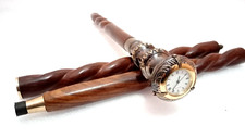 ANTIQUE BRASS CLOCK WOODEN WALKING STICK ROUND DESIGNER HANDLE WALKING CANE