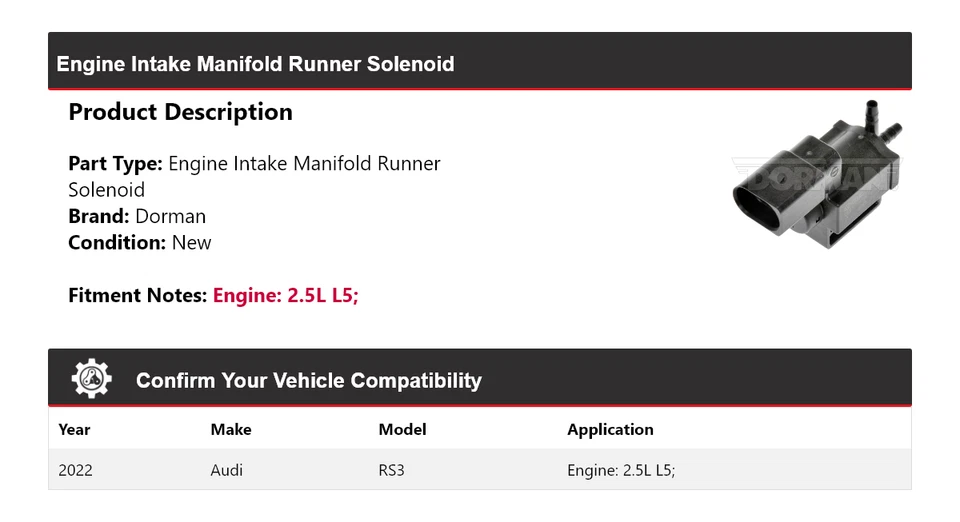 Colector de admisión de motor Dorman 2,5 L 2022 Audi RS3 2,5 L solenoide corredor Foto 2 de 4