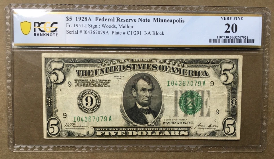 1928A $5 FRN ~ MINNEAPOLIS ~ Fr. I951-I ~ PCGS VF ~ BIG9 Seal -SN# I 0436 7079 A - Image 2 of 4