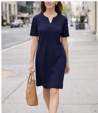 Talbots Knit Dress Petite P Navy Blue Mini Ball Fringe at Neck Short Sleeve