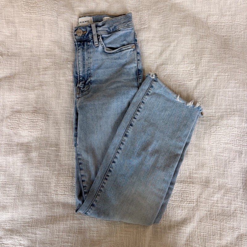 Frame Le High Straight Leg Distressed Blue Jeans High Rise Waist Raw Hem: 25