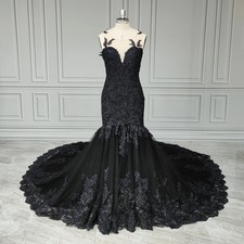 High Quality Gorgeous Black Beaded Appliques Lace Mermaid Wedding Dress Elegant