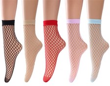 Women Ankle Fishnet Socks One Size, 5 Pack black,nude,red,purple,blue 