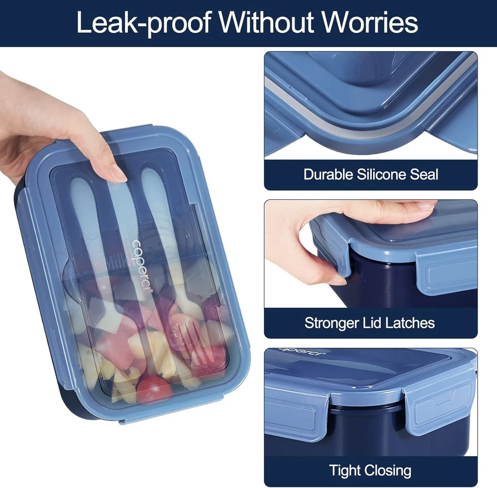 Classic Bento Box Adult Lunch Box 47Oz 3-Compartment Leakproof Contain Navy Blue