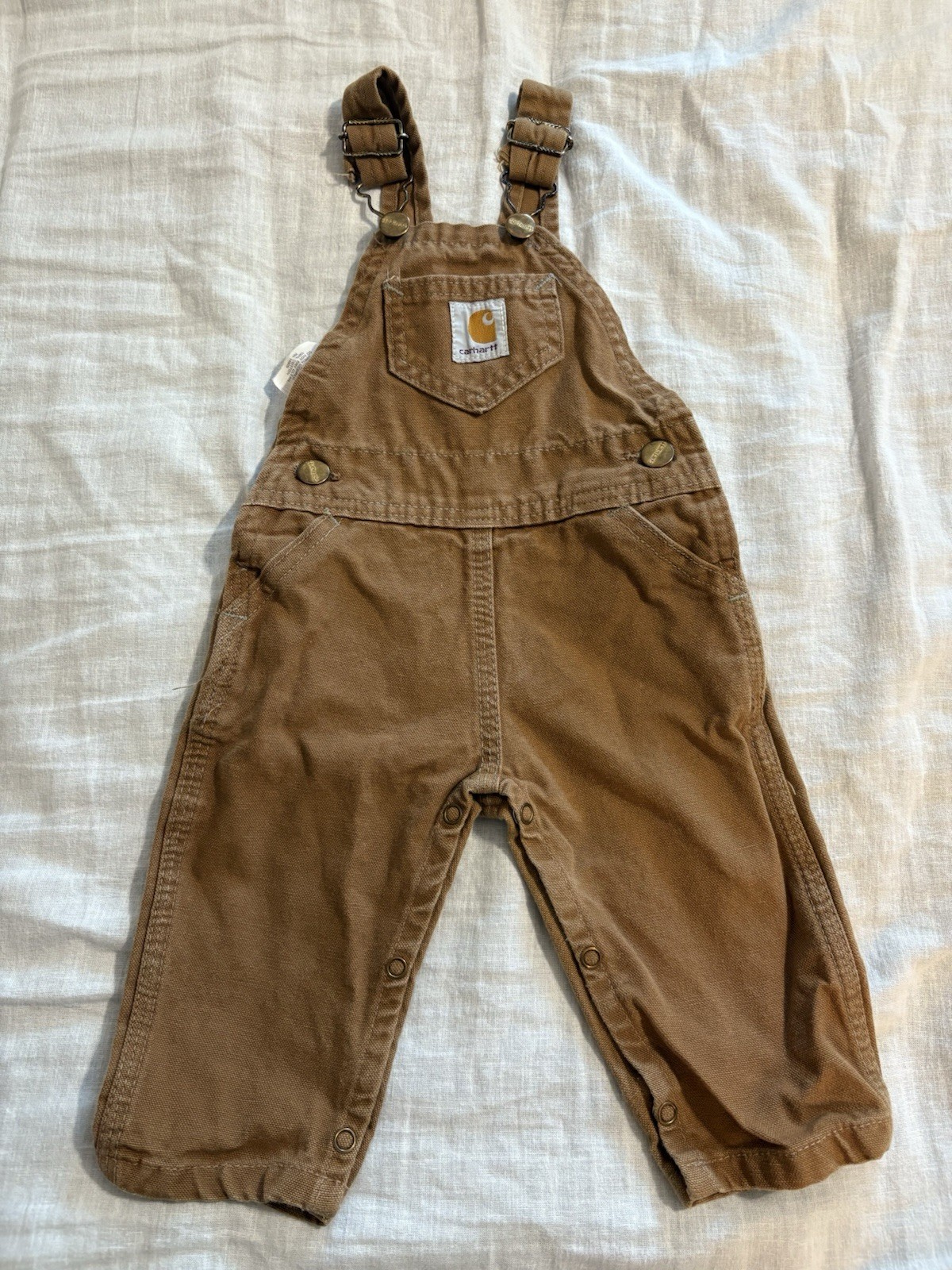 Vintage Carhartt Brown Canvas Baby One-Piece Overalls 12 Months Snap Logo