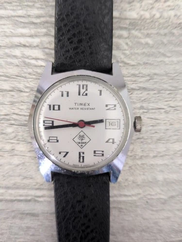 Vintage Timex Sprite Cub Scouts Logo White Date Dial Men's Watch 30mm Runs