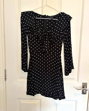 Topshop Black & White Polka Dot V-Neck Bell Sleeve Ruffle Mini Dress UK 4
