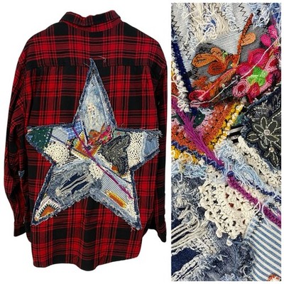 Upcycled Flannel Shirt Shacket Womens 3X Grunge Patchwork Star