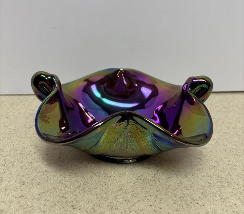 Vintage FENTON Double Handled Swan Bowl Carnival Glass, Blue Purple Iridescent