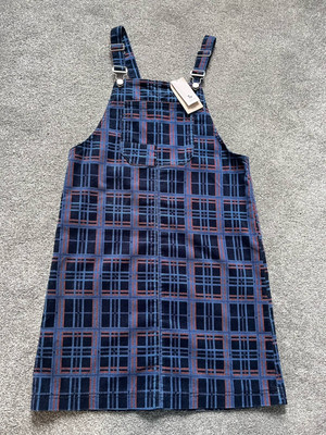 Ladies Navy Check Corduroy Pinafore Dress Adjustable Straps Size 10 New With Tag