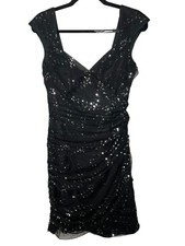 Y2K Modern Alex Evenings Black Tulle Silver Sequin Ruched Party Dress Glam
