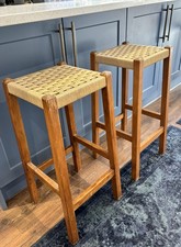 Vintage Danish Mid Century Bar Height Stools Pair Woven Cord 1960s Rare 