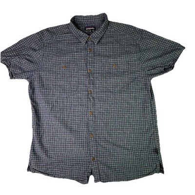 Patagonia Back Step Men's 2XL Blue Plaid Short Sleeve Button Down Shirt Hemp