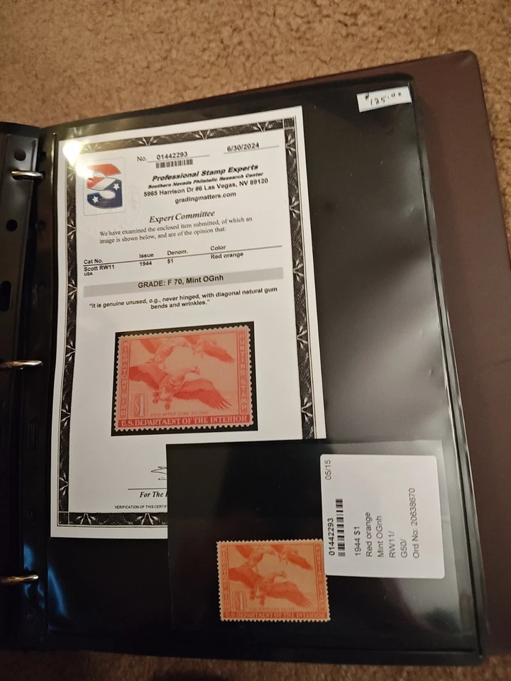 Certified #RW11- 1944 - US Federal Duck Stamp - Fine Mint OG. - Image 2 of 4