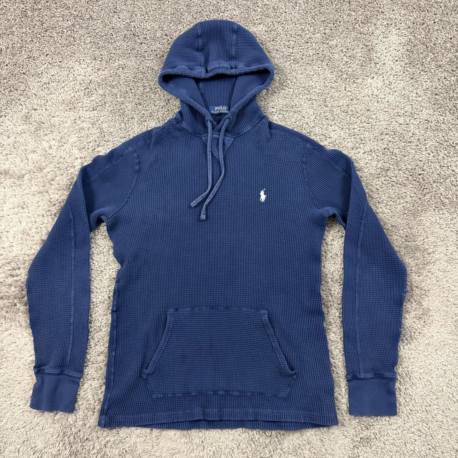 Polo Ralph Lauren Hoodie Men M Blue Thermal 100% Cotton Pockets Lightweight Pony