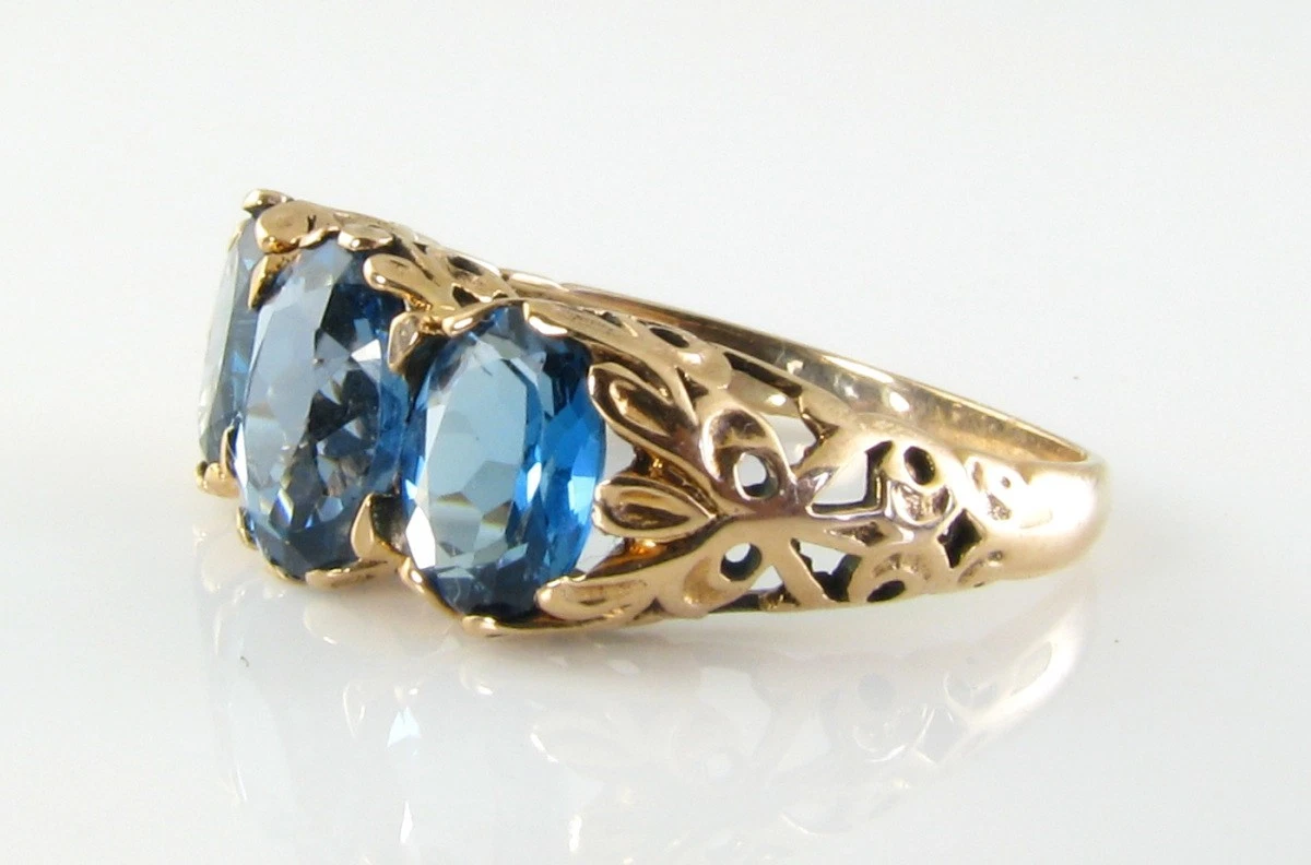 Anillo Art Deco 9ct Oro Rosa London Blue Topaz Trilogía, Talla O