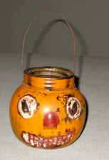 ANTIQUE HALLOWEEN GLASS LANTERN PUMPKIN CANDY CONTAINER -HAND PAINTED-1920'S