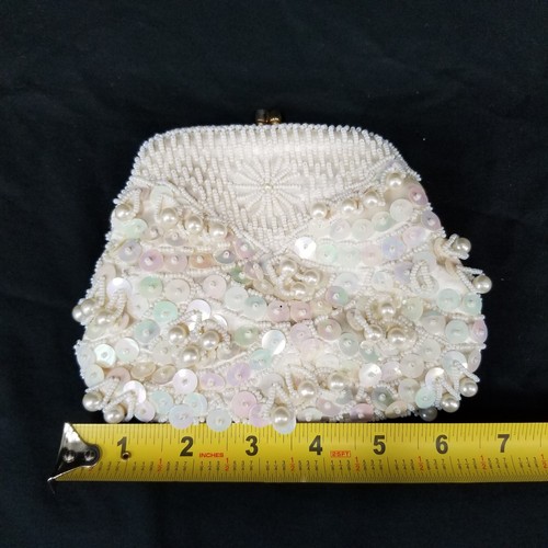 Vintage Bead & Sequin White Ivory Evening Bag Small Clutch Purse Wedding Prom - Picture 11 of 12