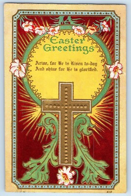1913 Easter Greetings Holy Cross Lilies Flowers Embossed Antique Postcard
