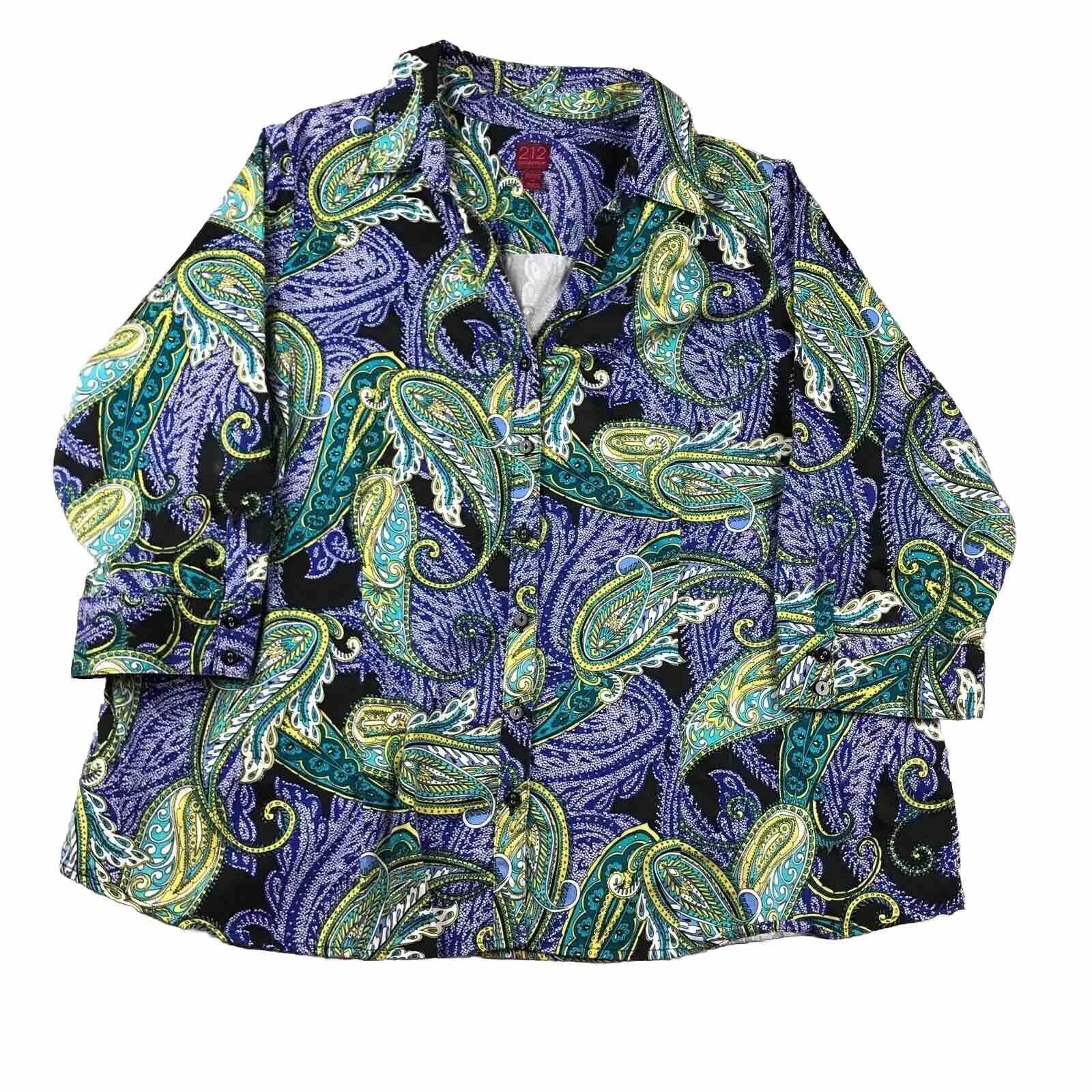 212 Collection Shirt Womens 2X Purple Paisley Stretch 3/4 Sleeves Button Up Top