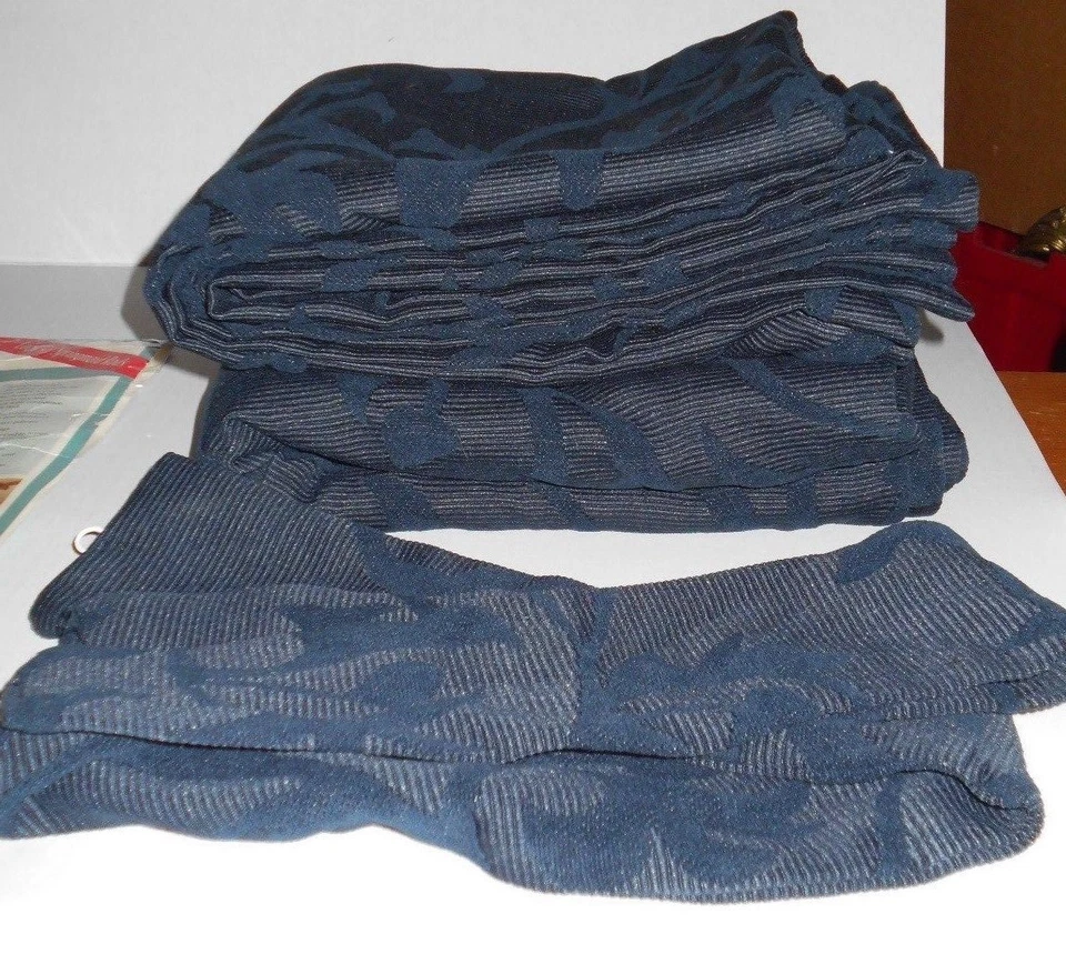 Vintage Spring Maid Newberry Chenille Scroll Rod Pocket Drapes Tiebacks Navy  - Image 3 of 4