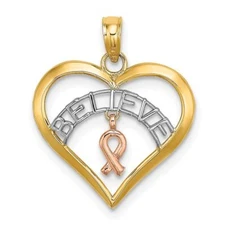14k Gold White Rhodium BELIEVE in Heart with Breast Cancer Ribbon Mother Gift