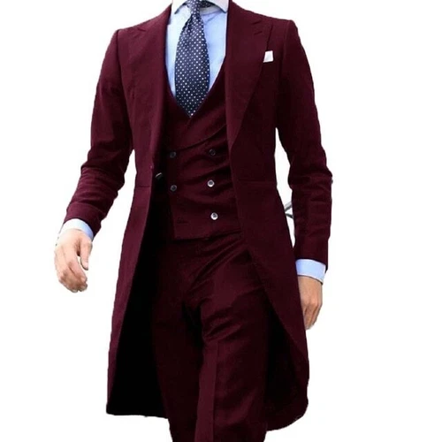 Men Formal Suit Long Blazer Jacket+Vest+Pants 3 Pieces Set New Male Costume - Picture 20 of 27