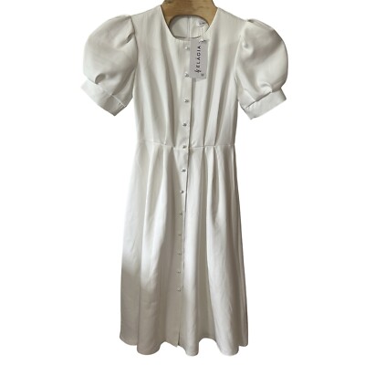 NEW ELAGIA White Buttoned Puff-Sleeve Midi Dress Faux-Pearl Buttons Medium