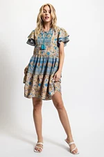 GiGiO Women's Boho Floral Print Tassel-Tie Neck Mini Dress