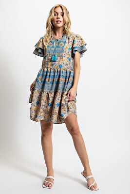 GiGiO Women's Bohemian Floral Tassel-Tie Neck Babydoll Mini Dress - Main Image