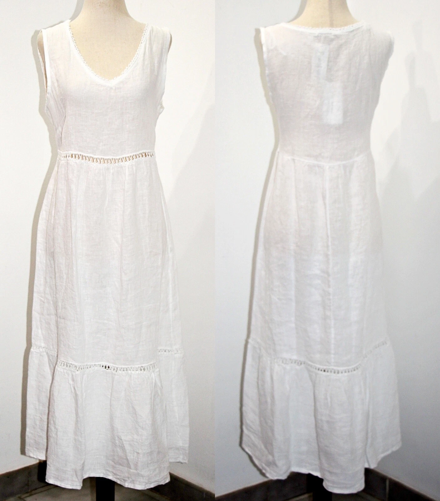 VALENTINO Abito estivo Valentina Naldi 100% lino orlo all'uncinetto a strati tg M Made in Italy