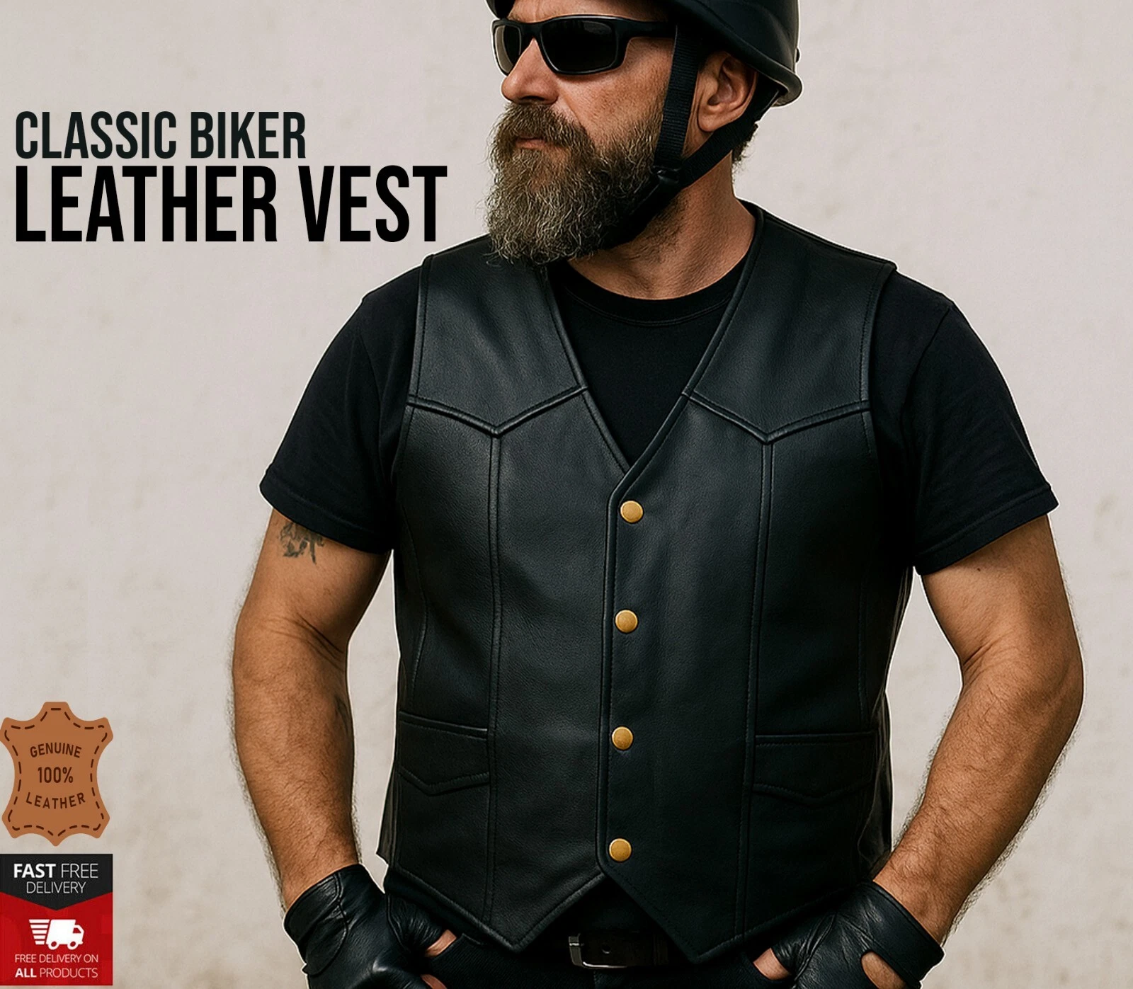 Men Leather Vest Class Waistcoat Gilet Biker Style Leather Black Sleeveless