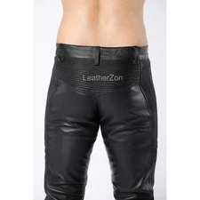 Men Leather Pants with Zipper Sheep/Lambskin Leather Biker Trouser 