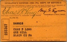 1932 Motor Vehicle Operator's License Blair County PA Plate 549918 Chas P Long