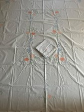 Floral Appliqu  Embroidery Tulips Tablecloth 82  x65" with 6 Napkins